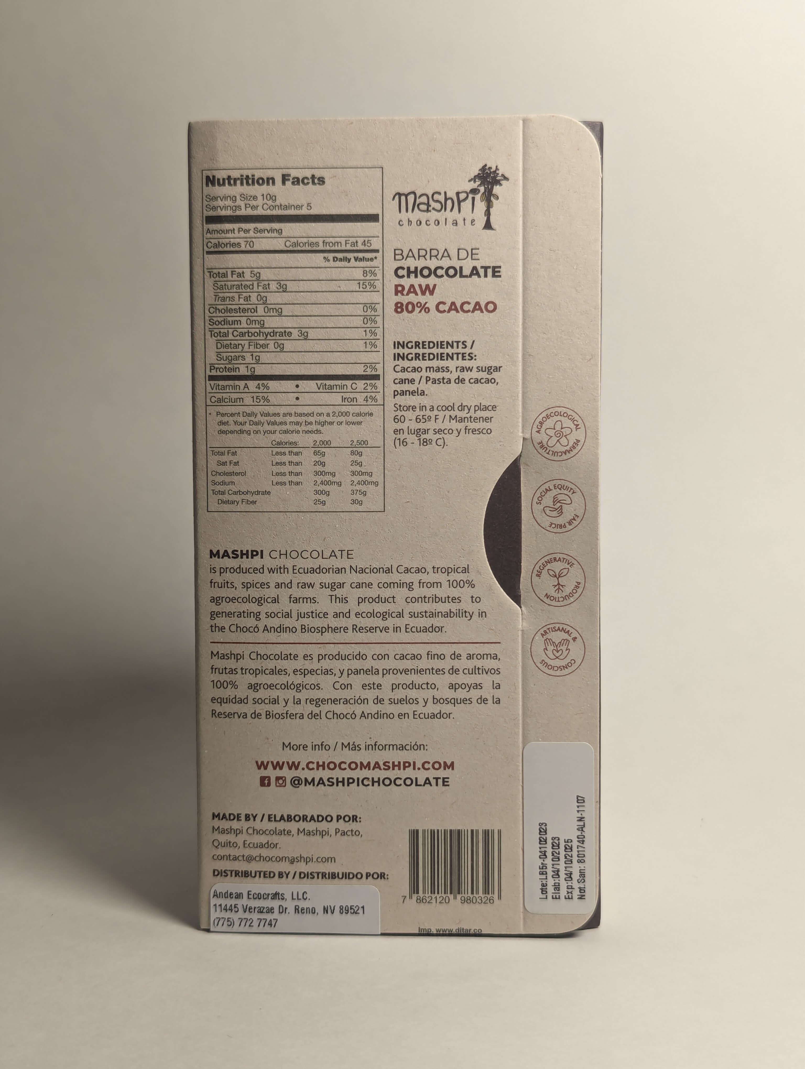 Barra 80% RAW -Maspi - Chocolates - In - Ecuador